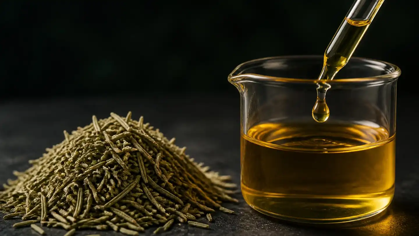 blog-720-1 Macro still life of dried rosemary leaf pieces beside a small glass beaker of golden oil with a droplet suspended from a pipette tip above the surface