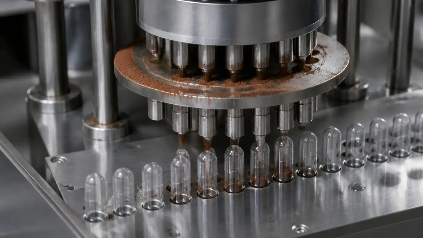 Capsule filling machine dosing a dark brown herbal powder into gelatin capsules on a production line
