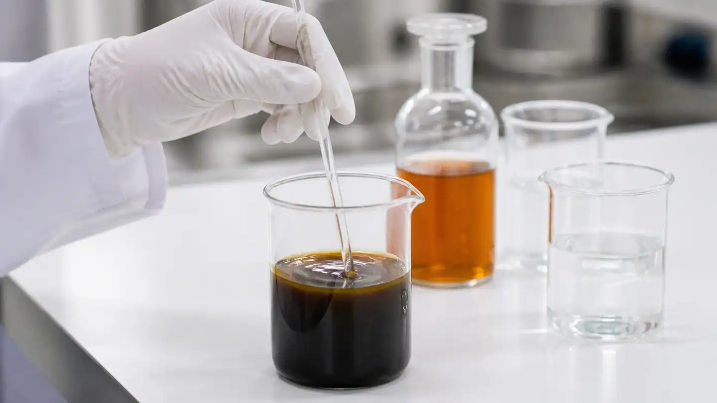 Laboratory technician stirring a dark liquid botanical concentrate in a beaker during beverage formulation testing