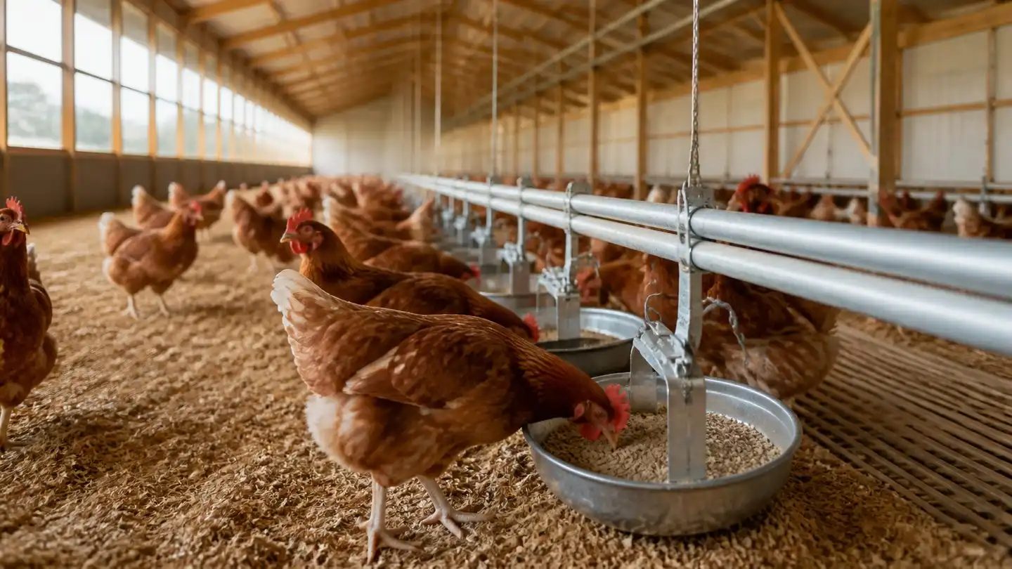 blog-720-1 Interior of a modern poultry house showing a chain feed line with pans and brown layer hens in warm daylight