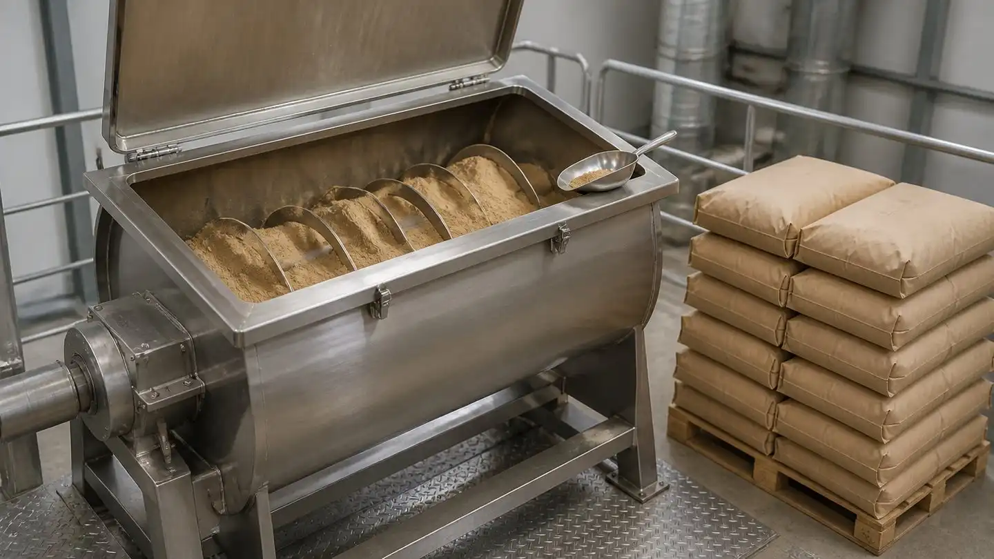 blog-720-1 Ribbon mixer blending a dry feed premix in a feed additive plant, with powder sacks and a closed transfer hopper in the background