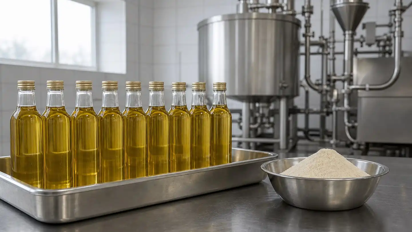 blog-500-1 Amber glass bottles of edible oil in a shallow tray beside a bowl of dry premix powder on a stainless-steel pilot plant bench during an antioxidant reformulation trial