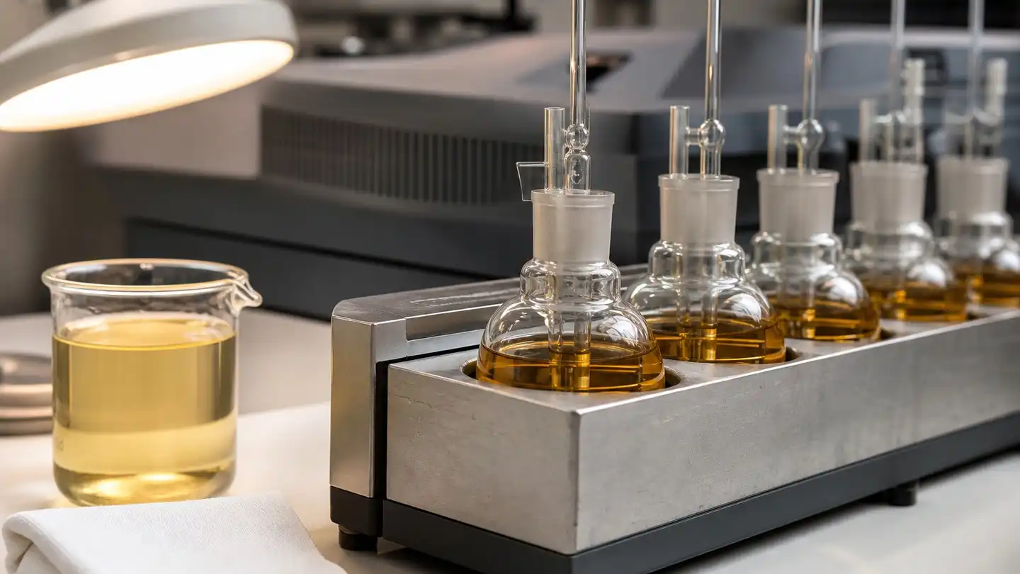blog-500-1 Laboratory oxidation stability bench with glass vessels of oil seated in a heated block and air tubes, used to measure induction time