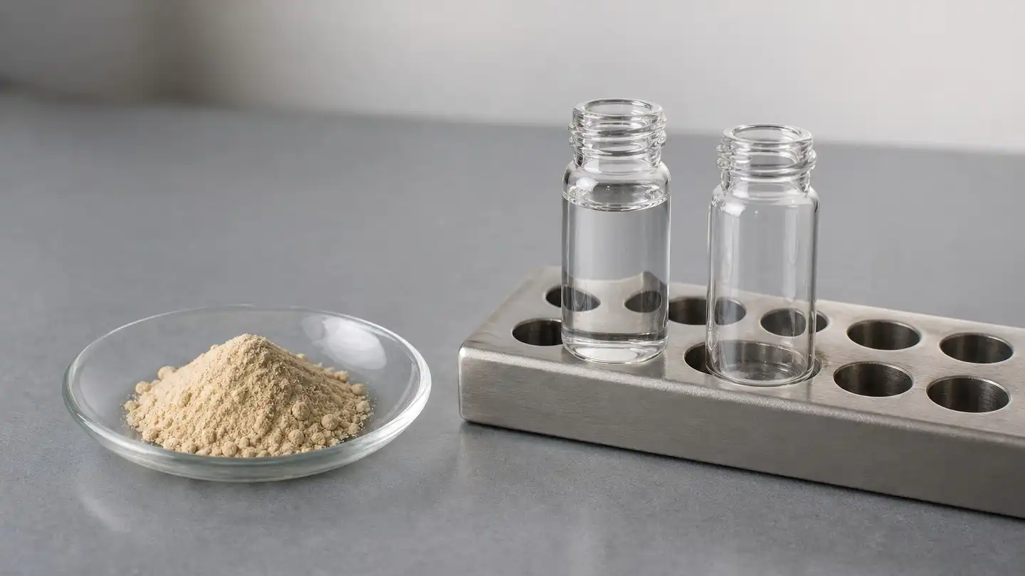 blog-500-1 Pale beige botanical extract powder on a glass watch glass beside clear glass HPLC vials standing in a brushed metal rack on a laboratory bench