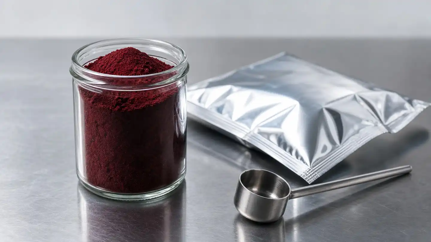blog-500-1 Clear glass sample jar of dark red astaxanthin powder beside a sealed aluminium foil pouch and a sampling scoop on a stainless steel laboratory bench