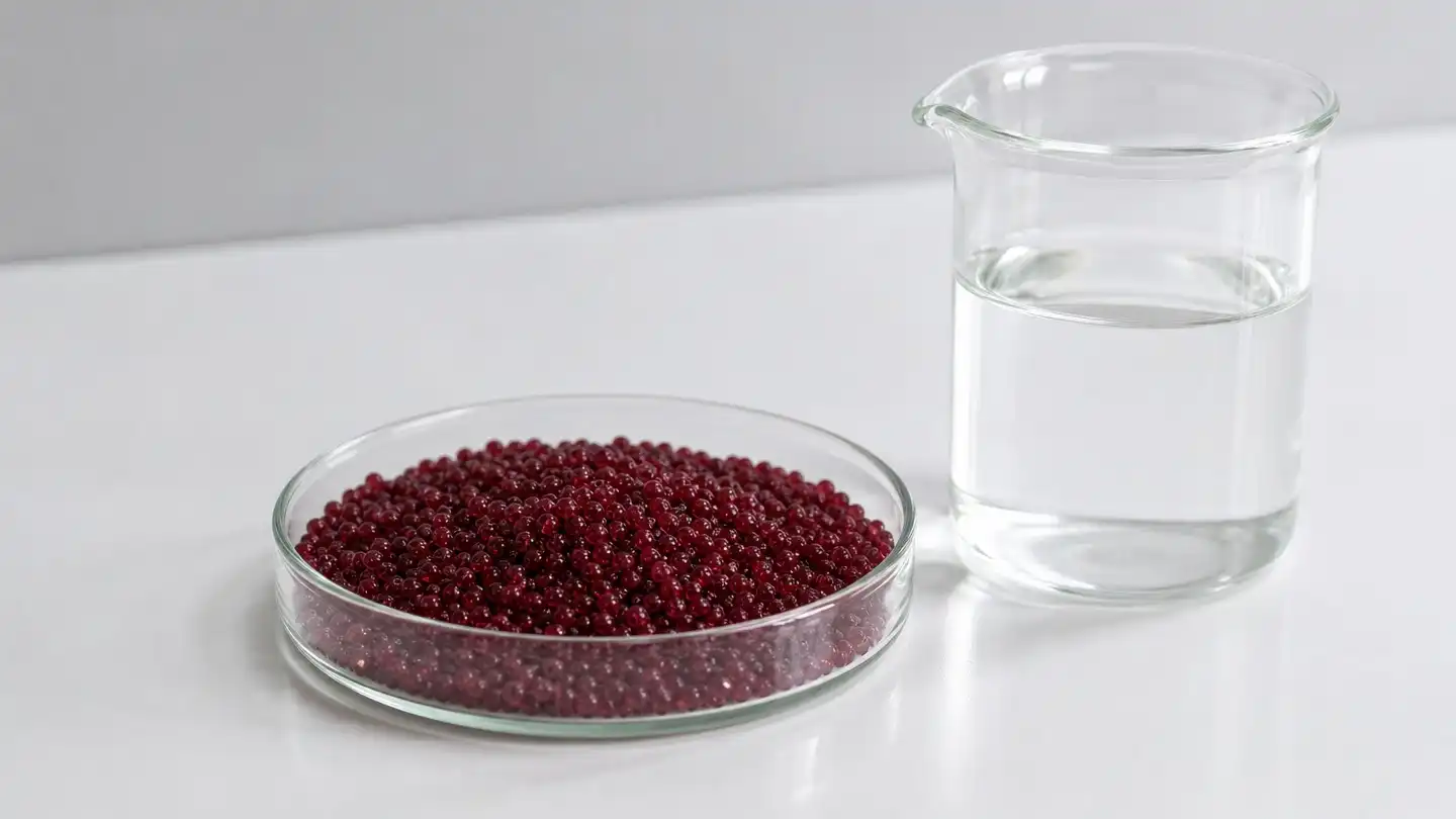 blog-500-1 Small dark crimson microencapsulated astaxanthin beadlets in a clear glass dish beside a beaker of clear water on a white laboratory bench