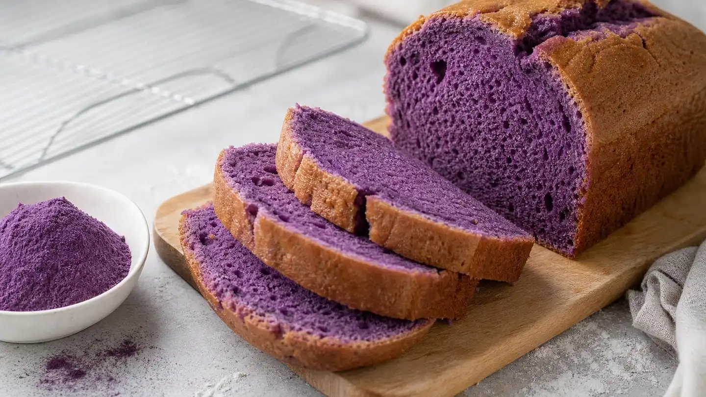 Sliced purple yam loaf cake on a wooden board showing a deep violet crumb and a browned crust beside a small bowl of purple yam powder