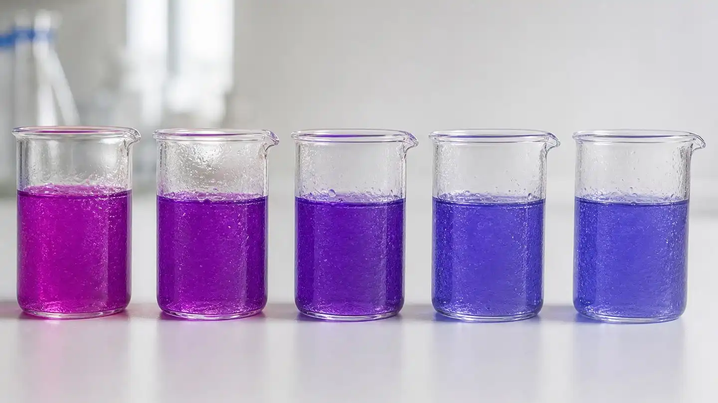 blog-500-1 Row of glass beakers holding purple-tinted liquid samples at different pH levels, showing a hue shift from magenta-purple through violet to blue-violet on a clean white laboratory bench