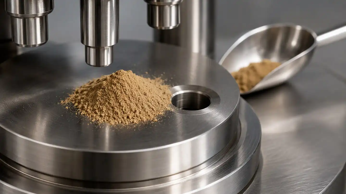 blog-500-1 Polished stainless steel tablet press punches and a steel die bore with a mound of fine yellowish-brown milk thistle extract powder resting on the die table