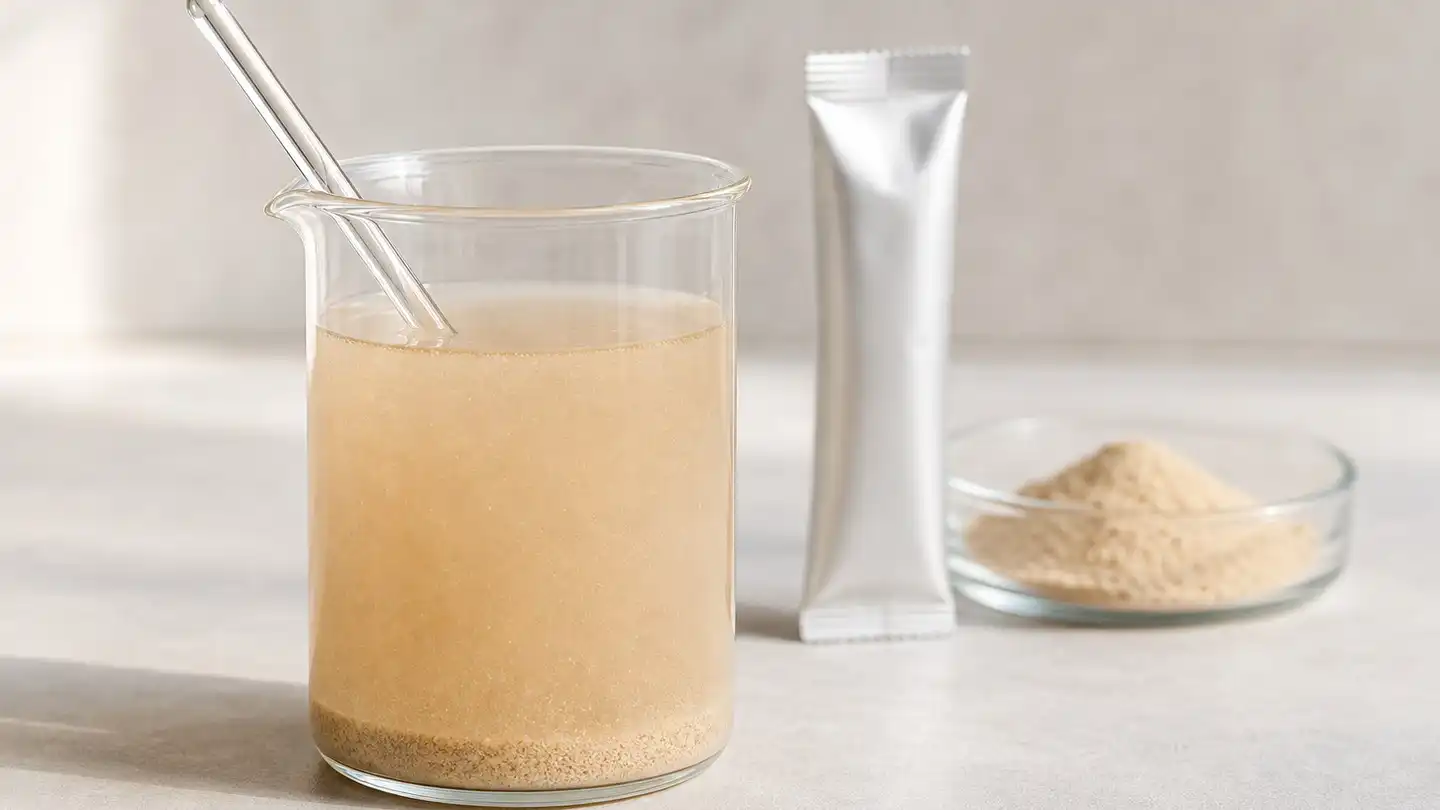 blog-500-1 Clear glass beaker holding a turbid, slightly settled dispersion of milk thistle extract powder in water, beside a foil stick pack and a small dish of dry beige extract powder