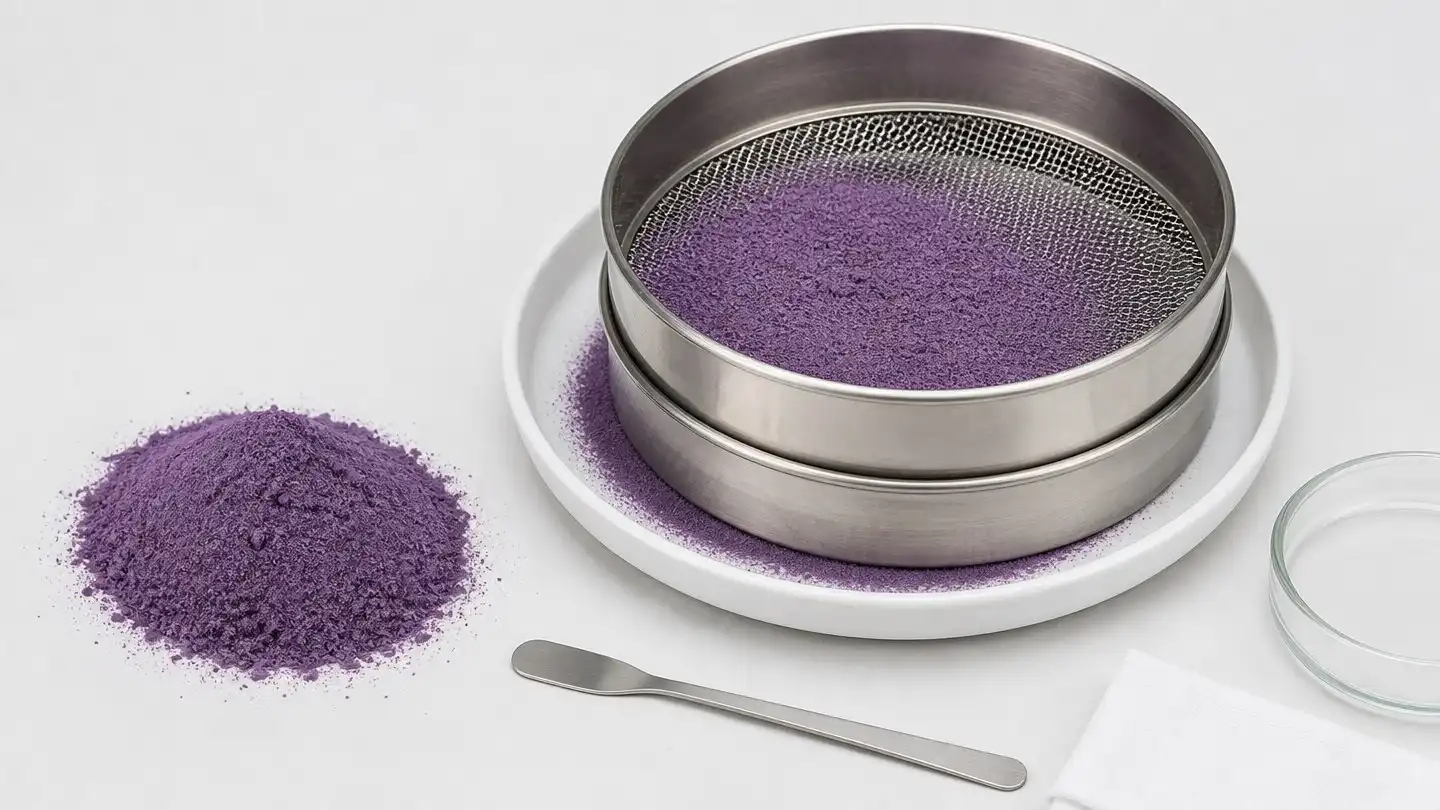 blog-500-1 Fine ube purple yam powder being sifted through a stainless steel test sieve on a white laboratory bench