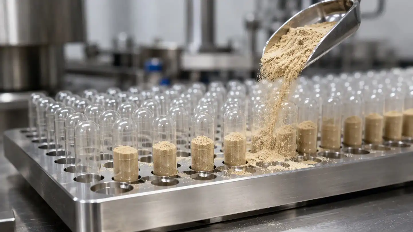 blog-500-1 Tongkat Ali extract powder being fed into empty clear hard-shell capsules on a stainless-steel filling plate