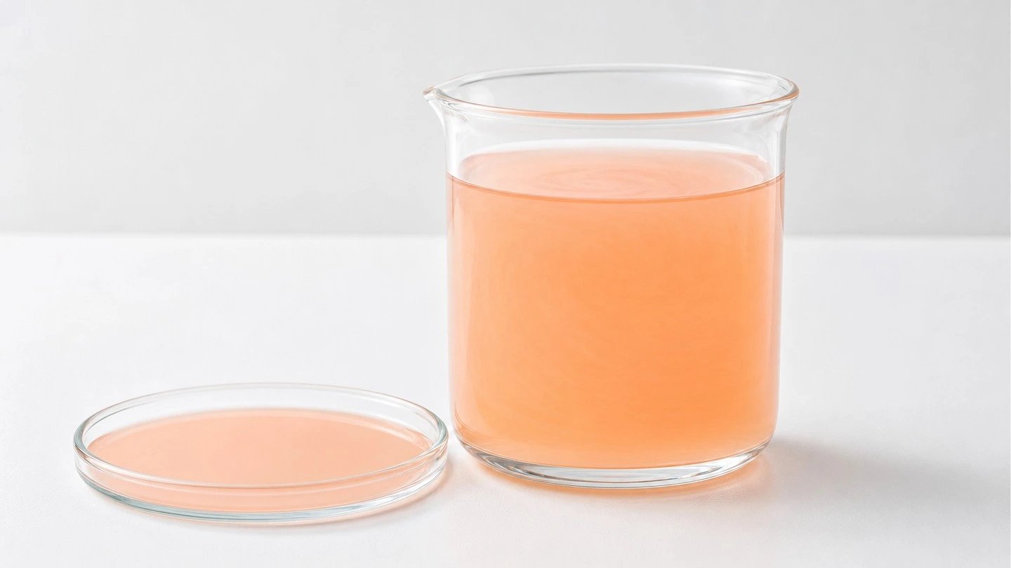 blog-500-1 A beaker of evenly dispersed pale orange-pink beverage beside a petri dish holding a spread film of the same drink under even laboratory light
